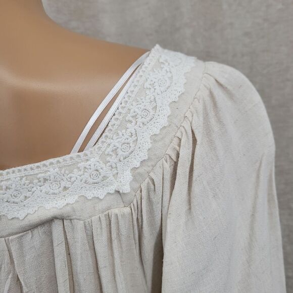 Allie Rose Linen Blend Peasant Blouse Top Beige Oatmeal White Crochet Lace NEW - Picture 6 of 11